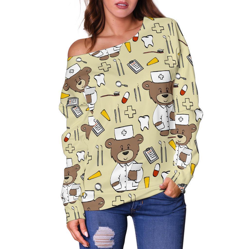 Nurse Teddy Bear Pattern Print Women Off Shoulder Sweatshirt-grizzshop