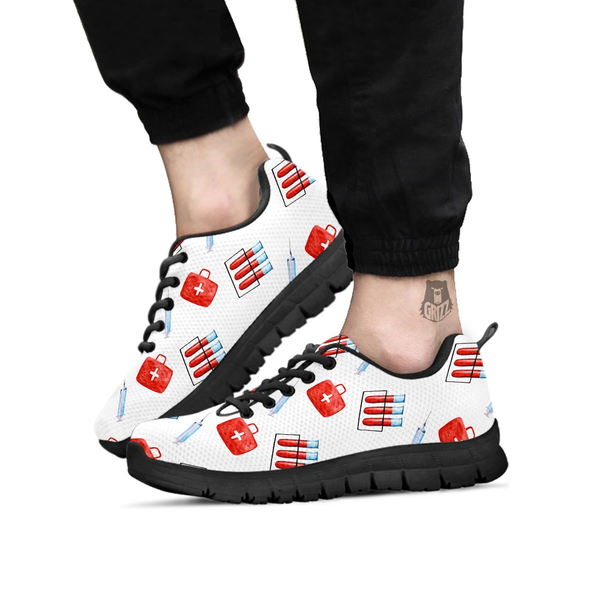Nurse White And Red Print Pattern Black Sneaker-grizzshop