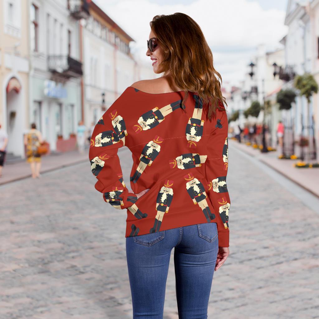 Nutcracker Red Pattern Print Women Off Shoulder Sweatshirt-grizzshop