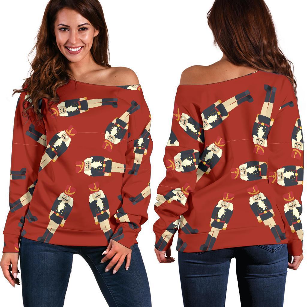 Nutcracker Red Pattern Print Women Off Shoulder Sweatshirt-grizzshop