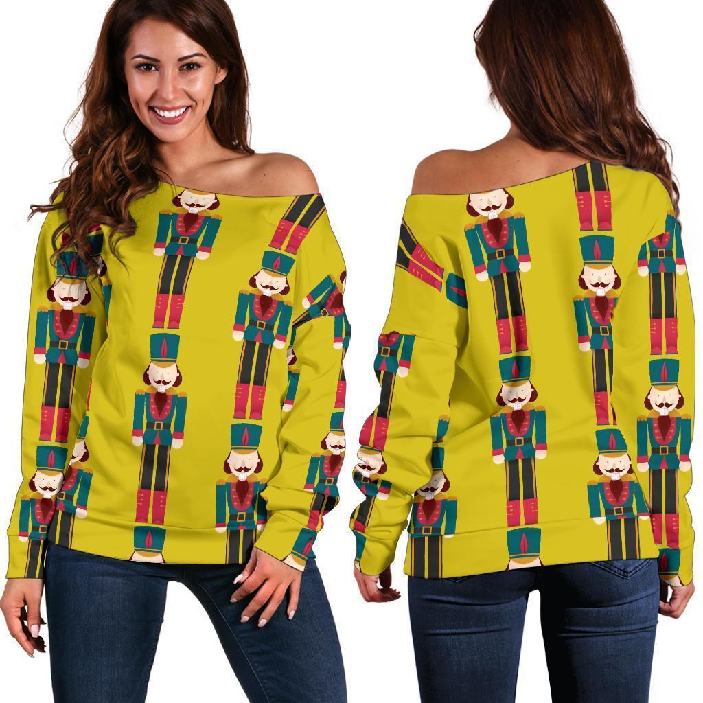 Nutcracker Yellow Pattern Print Women Off Shoulder Sweatshirt-grizzshop