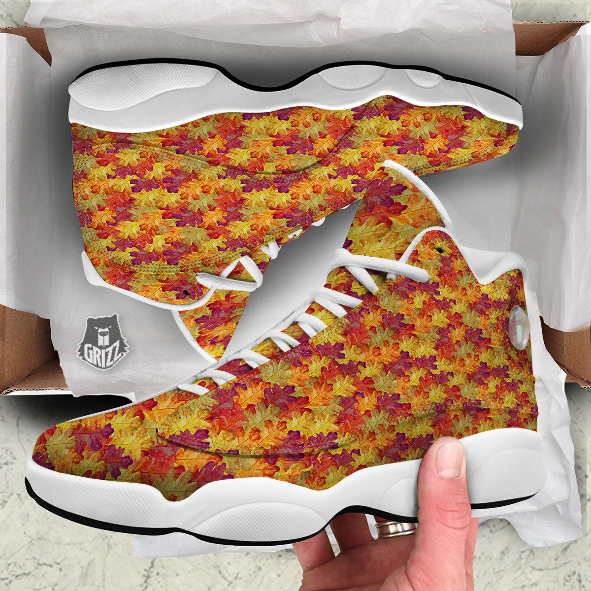 Oak Leaf Autumn Print White Basketball Shoes-grizzshop