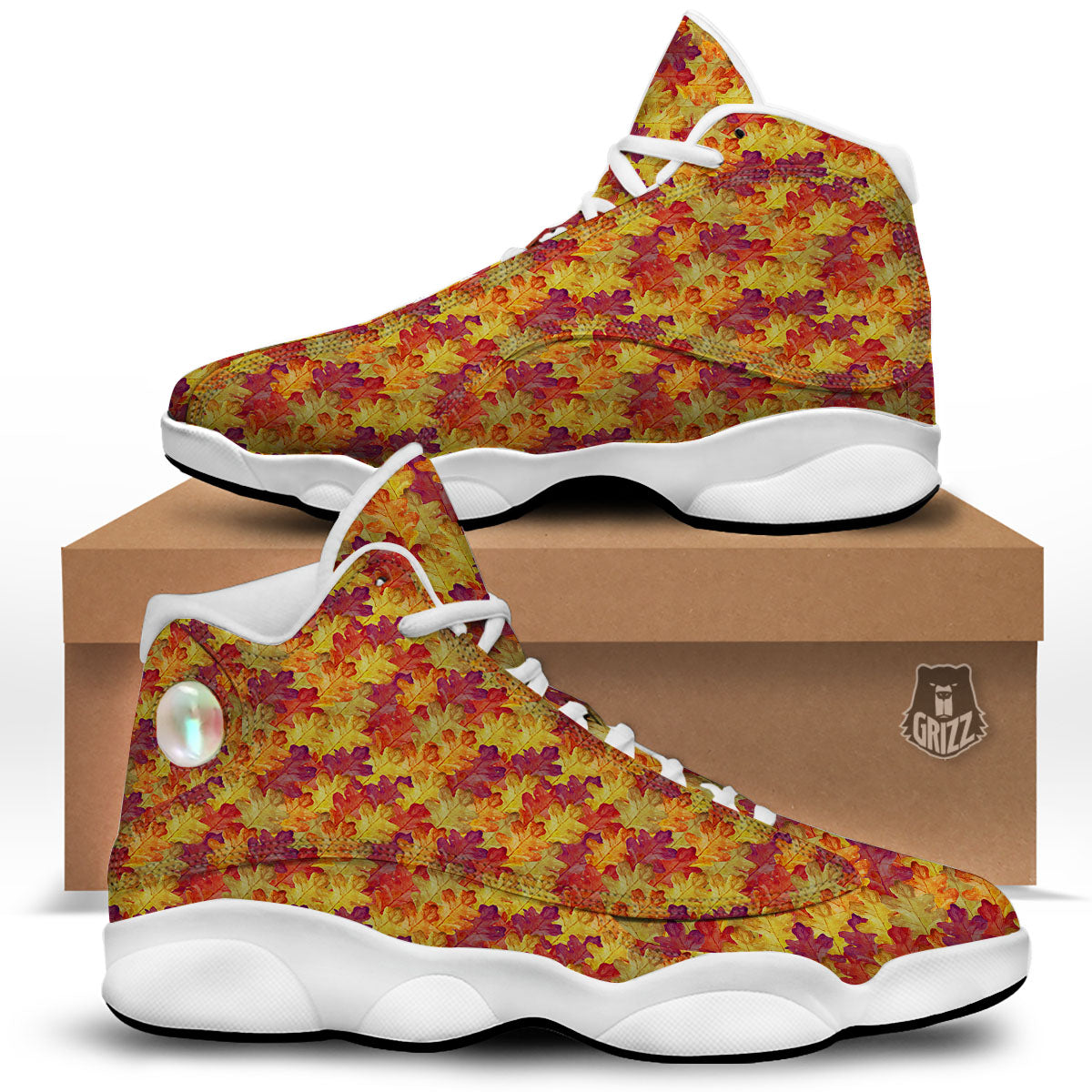 Oak Leaf Autumn Print White Basketball Shoes-grizzshop