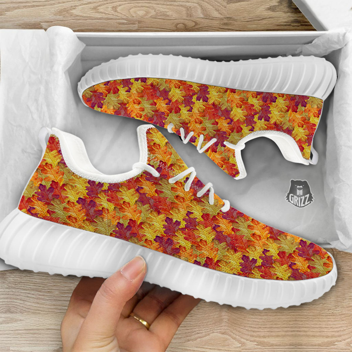 Oak Leaf Autumn Print White Walking Shoes-grizzshop