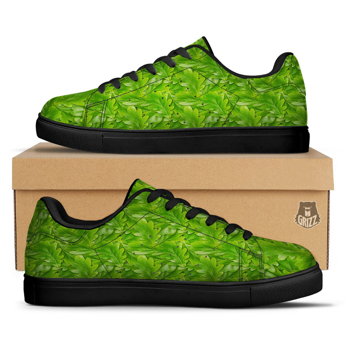 Oak Leaf Green Print Black Low Top Sneakers-grizzshop