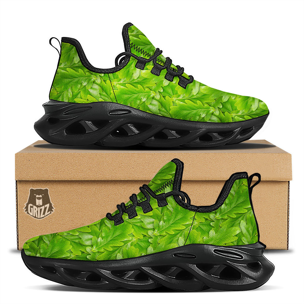 Oak Leaf Green Print Black Running Shoes-grizzshop