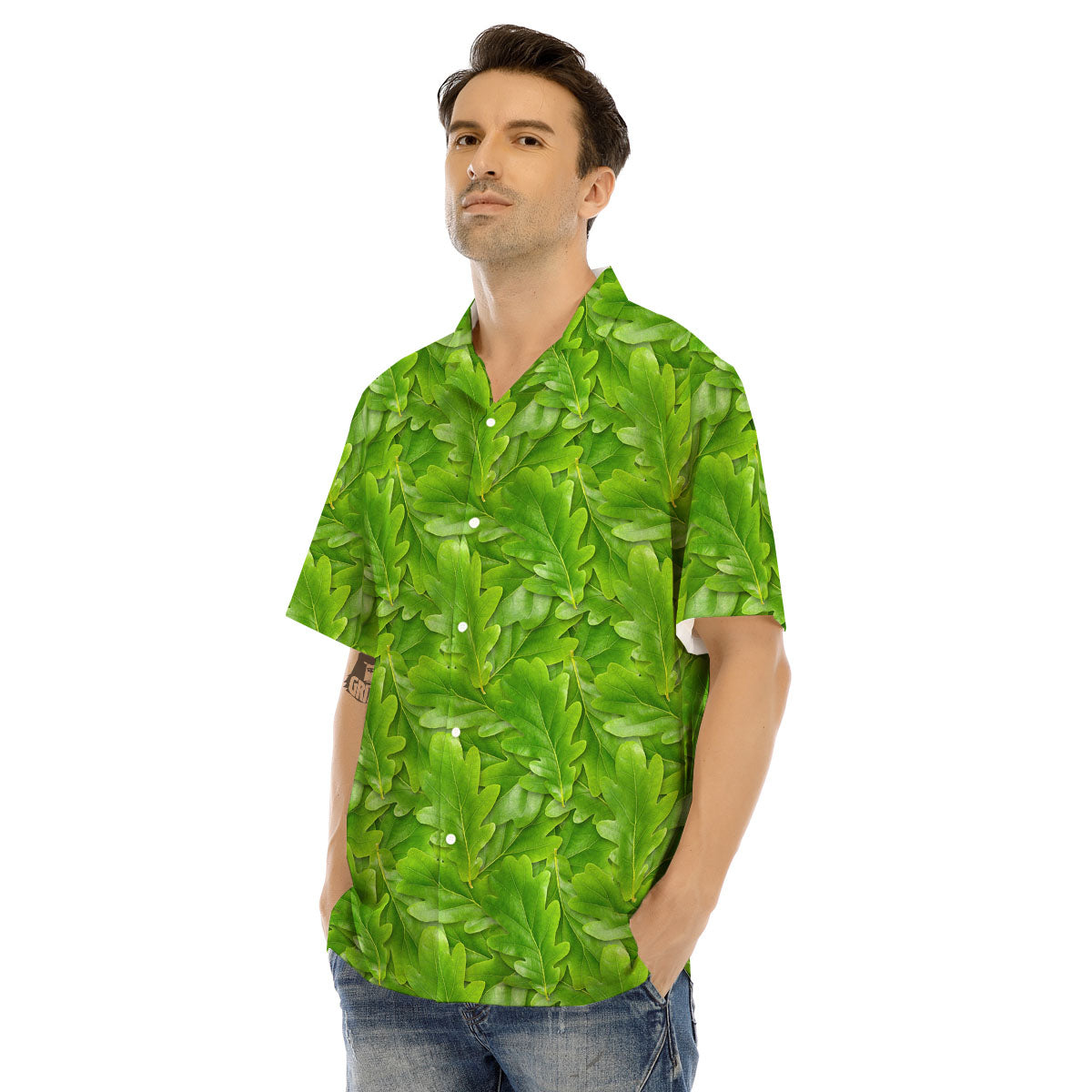 Oak Leaf Green Print Men's Hawaiian Shirt-grizzshop