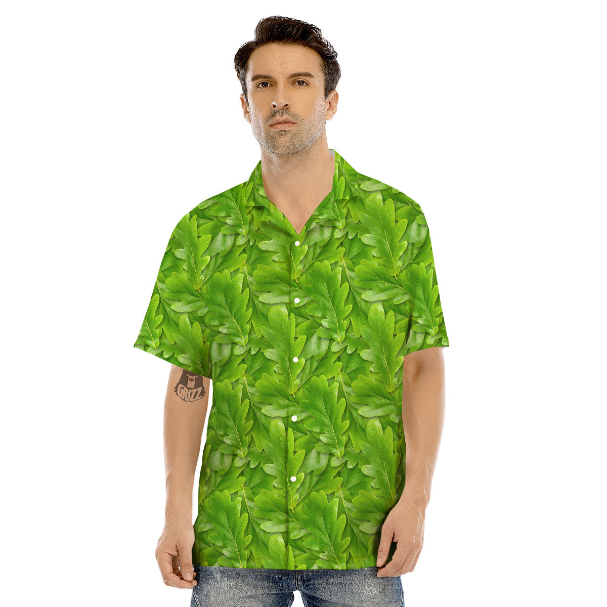 Oak Leaf Green Print Men's Hawaiian Shirt-grizzshop