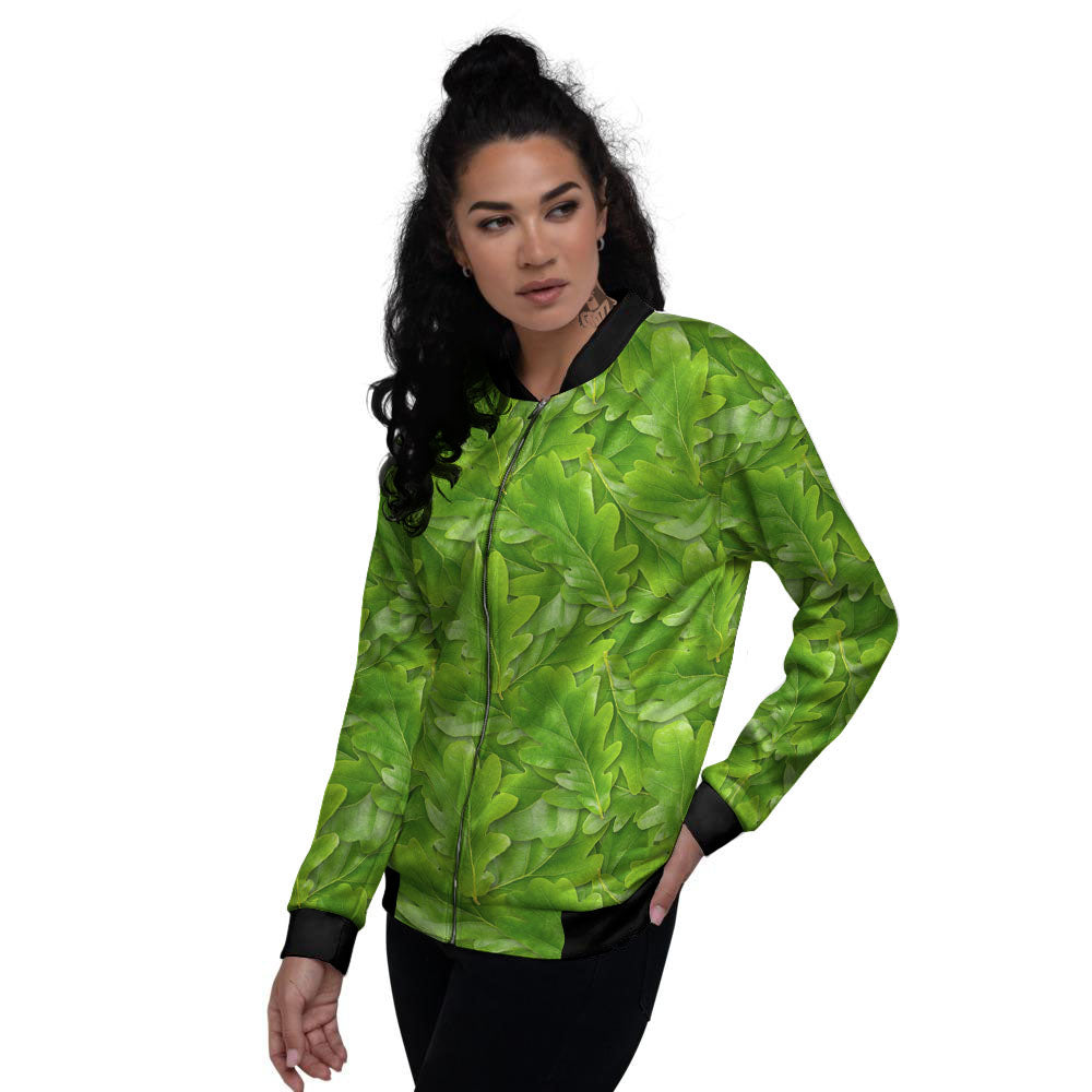 Oak Leaf Green Print Women's Bomber Jacket-grizzshop