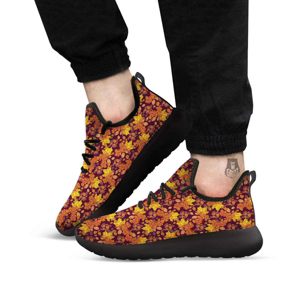 Oak Maple Print Pattern Black Athletic Shoes-grizzshop
