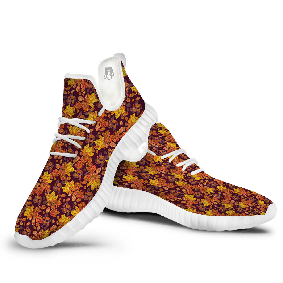 Oak Maple Print Pattern White Walking Shoes-grizzshop