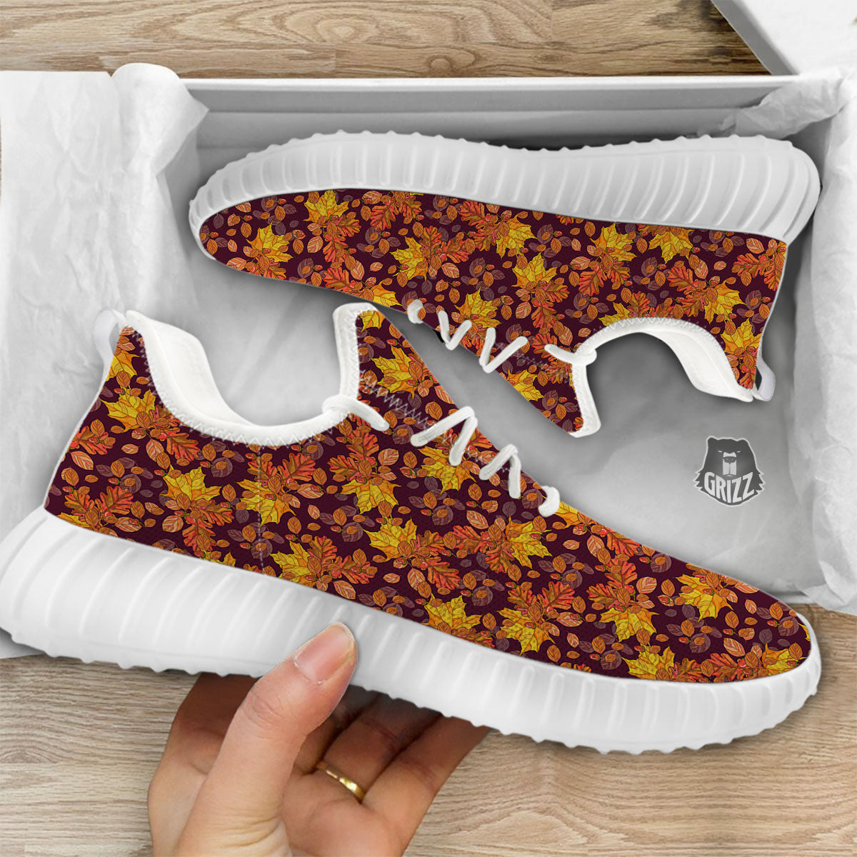 Oak Maple Print Pattern White Walking Shoes-grizzshop