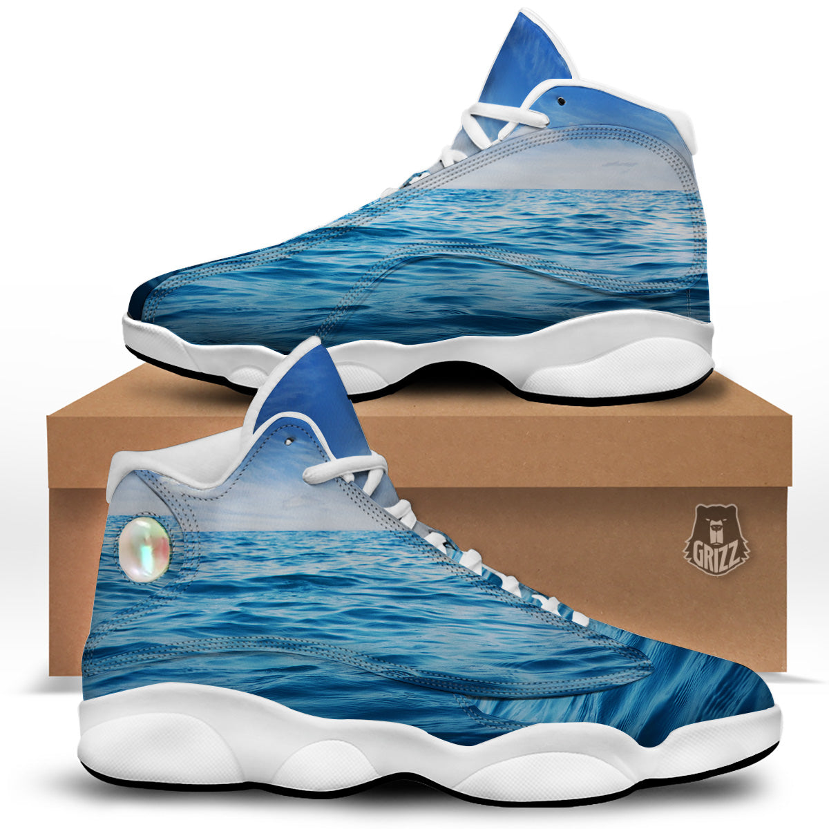 Ocean Blue Print White Basketball Shoes-grizzshop