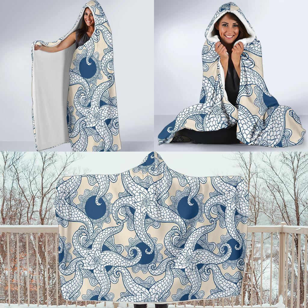 Ocean Octopus Pattern Print Hooded Blanket-grizzshop