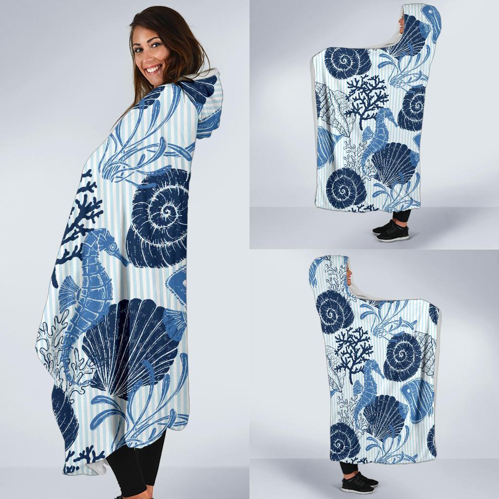 Ocean Pattern Print Hooded Blanket-grizzshop