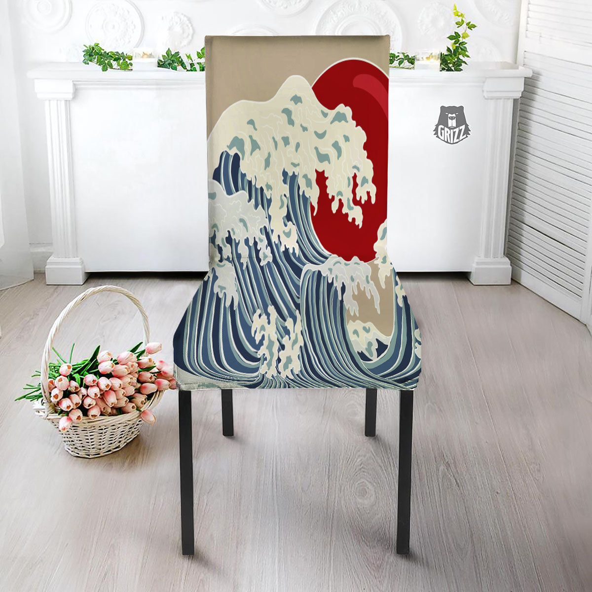 Ocean Wave Japanese Print Dining Chair Slipcover-grizzshop