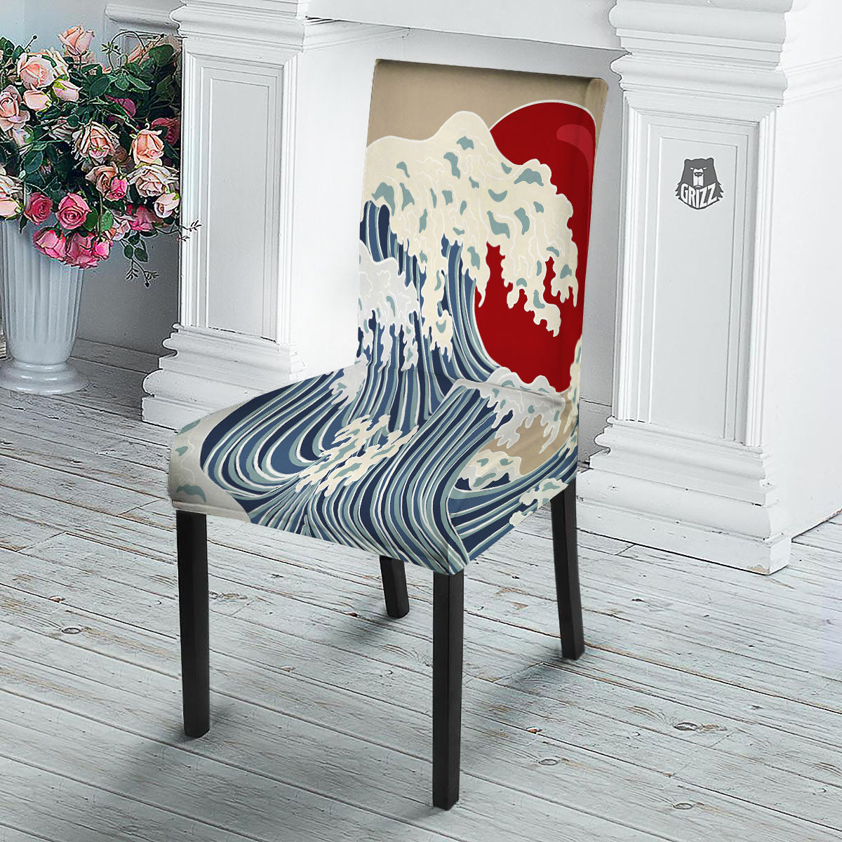 Ocean Wave Japanese Print Dining Chair Slipcover-grizzshop