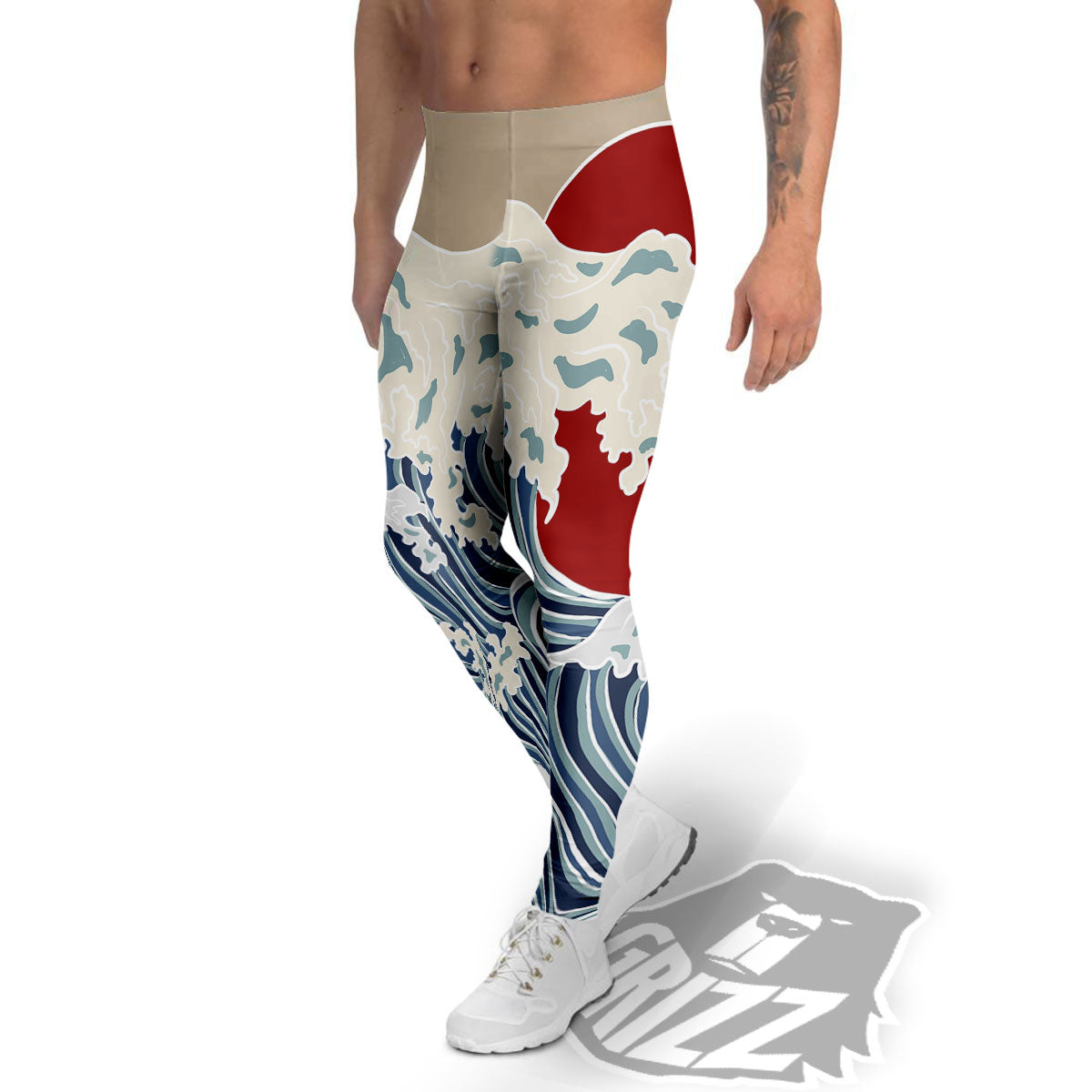 Ocean Wave Japanese Print Men's Leggings-grizzshop