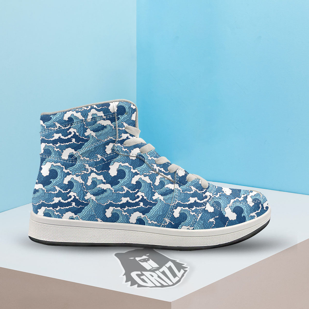 Ocean Wave Japanese Print Pattern High Top Sneakers-grizzshop