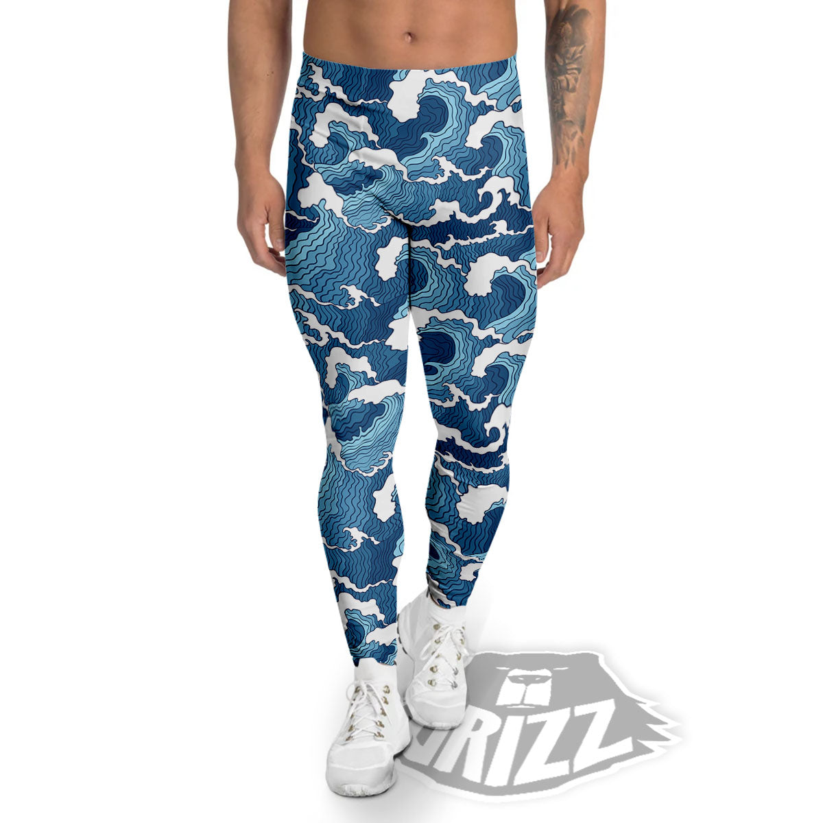 Ocean Wave Japanese Print Pattern Men's Leggings-grizzshop