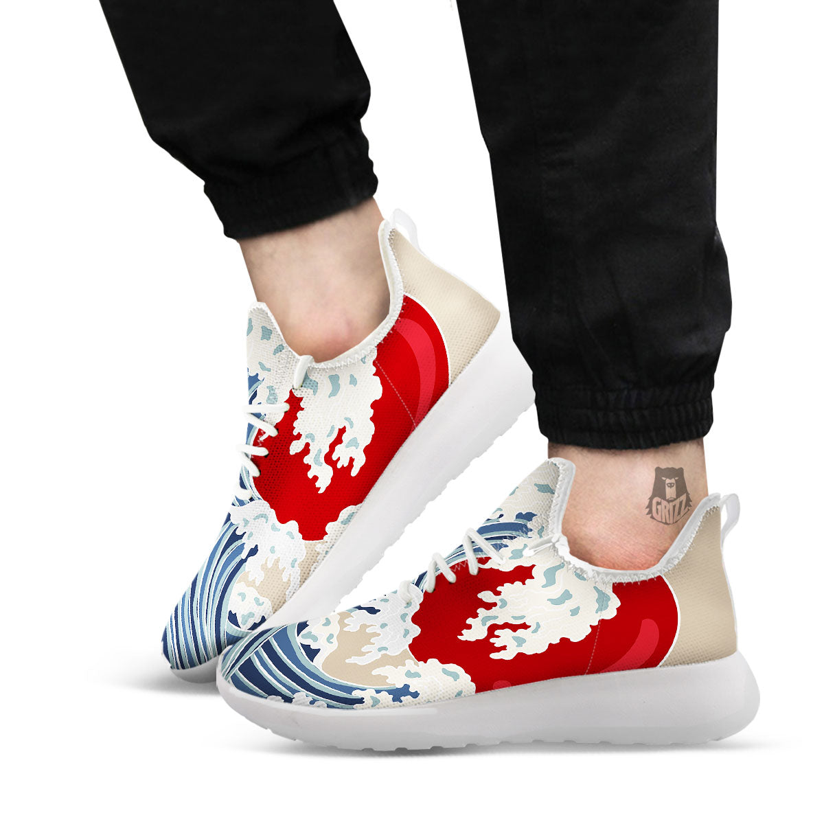 Ocean Wave Japanese Print White Athletic Shoes-grizzshop