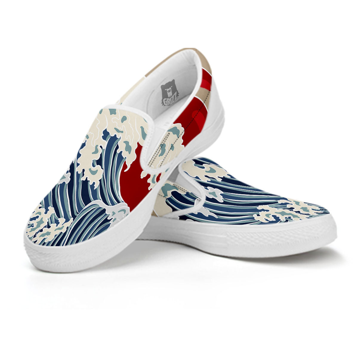 Ocean Wave Japanese Print White Slip On Shoes-grizzshop