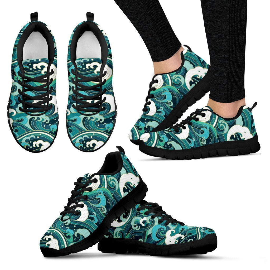 Ocean Wave Pattern Print Black Sneaker Shoes For Men Women-grizzshop