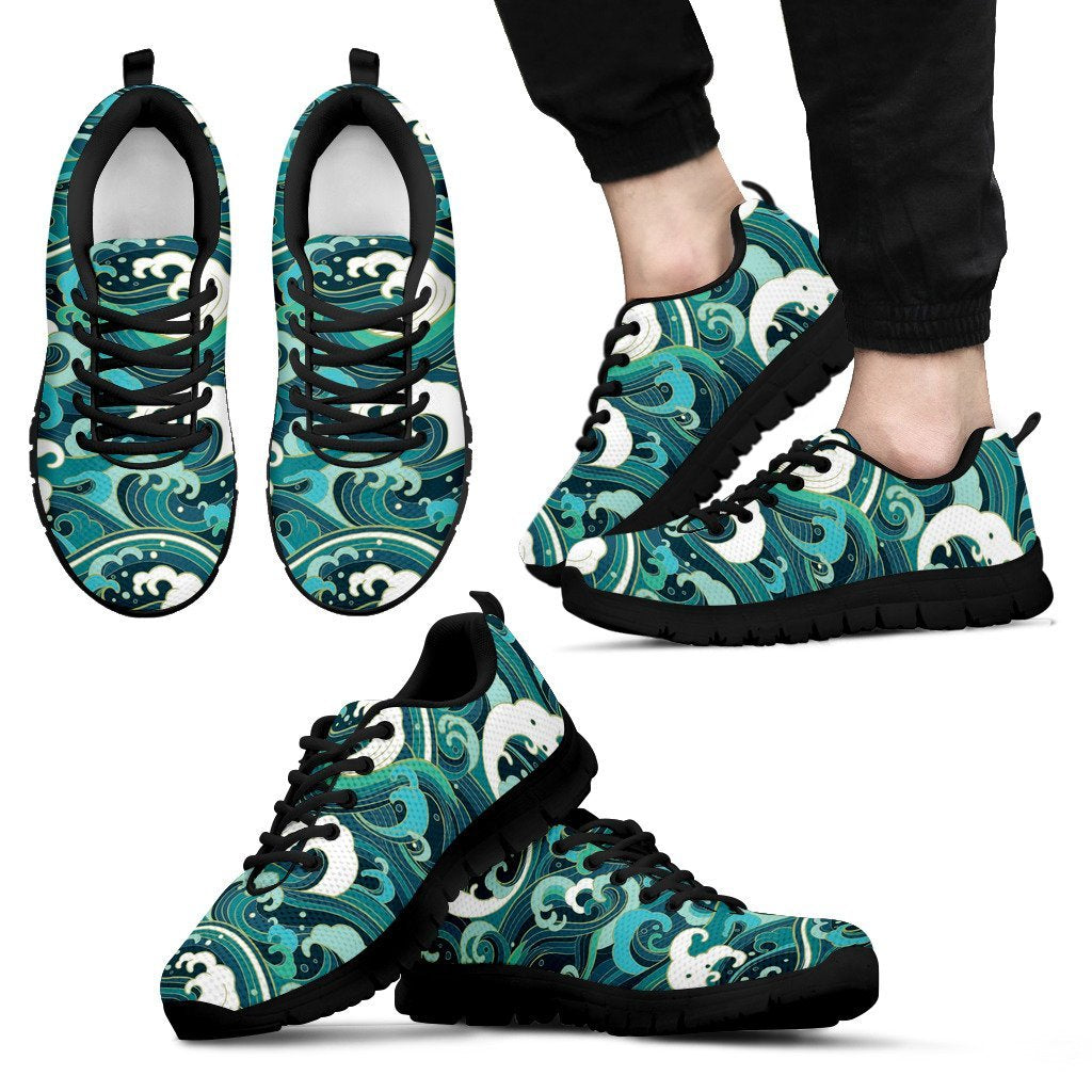 Ocean Wave Pattern Print Black Sneaker Shoes For Men Women-grizzshop