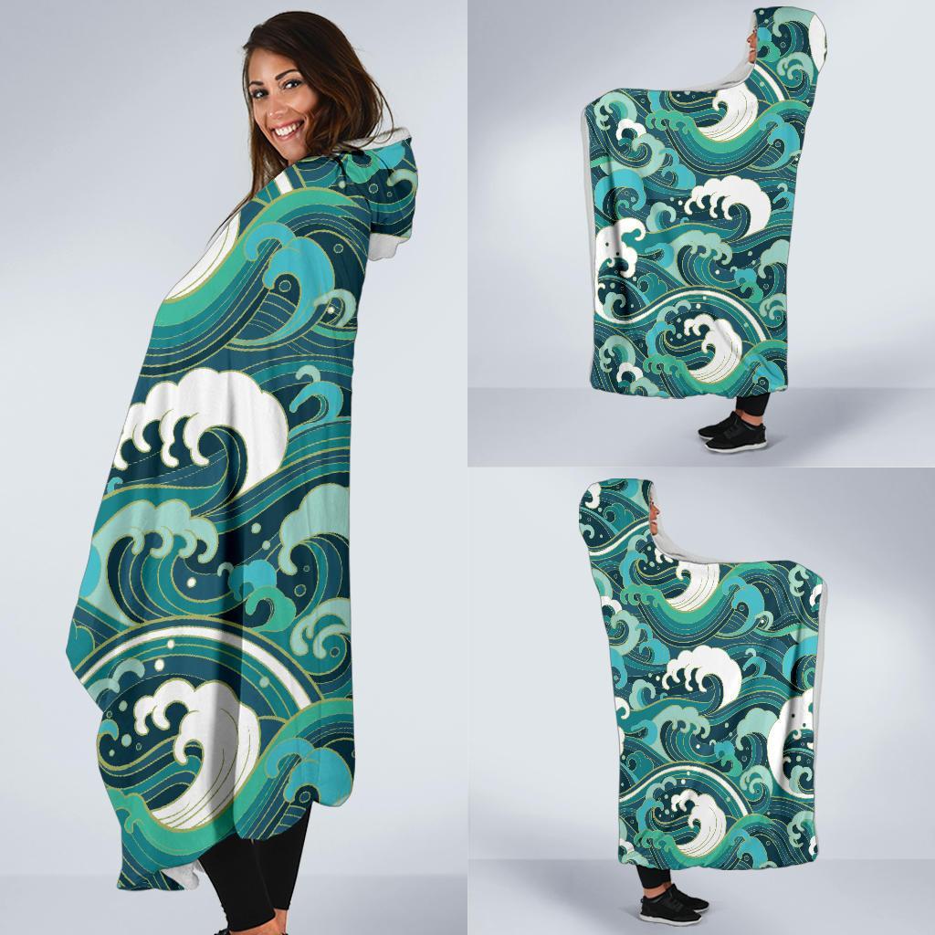 Ocean Wave Pattern Print Hooded Blanket-grizzshop