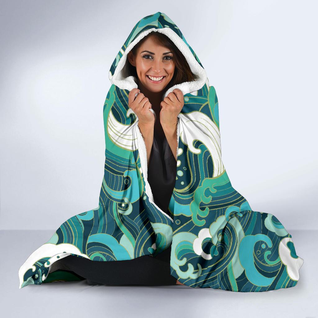 Ocean Wave Pattern Print Hooded Blanket-grizzshop