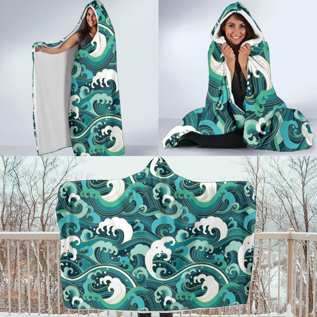 Ocean Wave Pattern Print Hooded Blanket-grizzshop