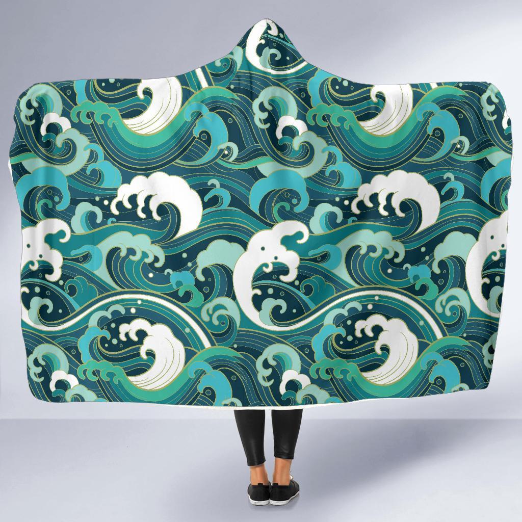 Ocean Wave Pattern Print Hooded Blanket-grizzshop