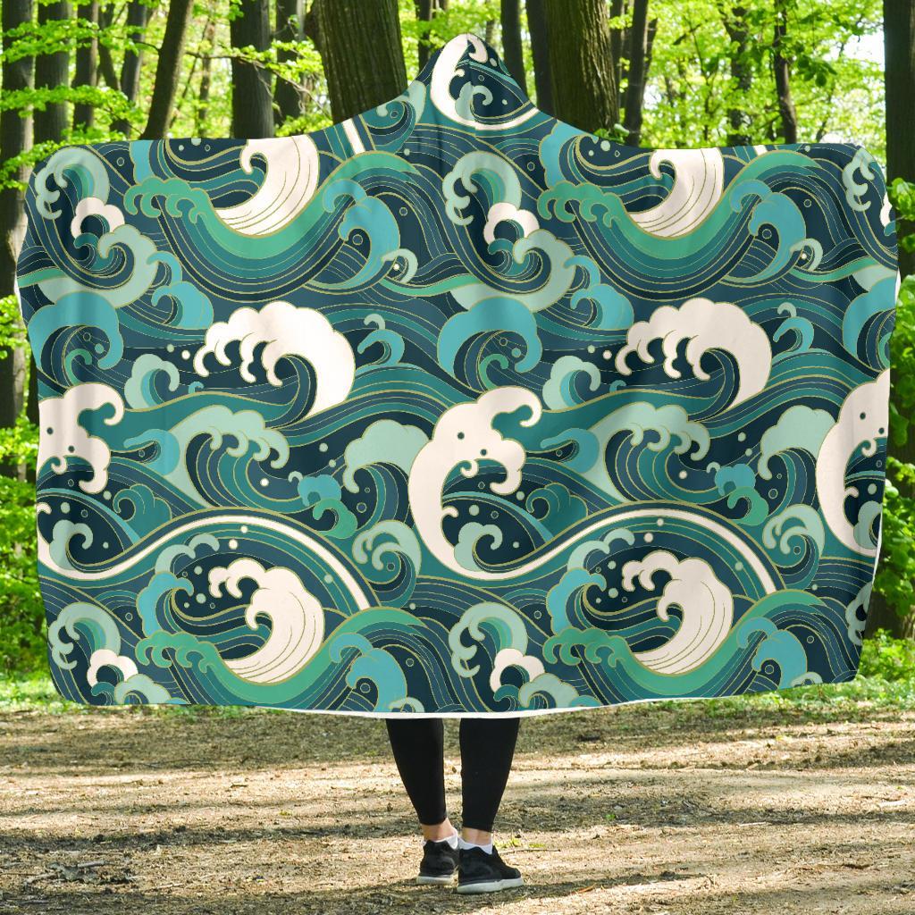 Ocean Wave Pattern Print Hooded Blanket-grizzshop