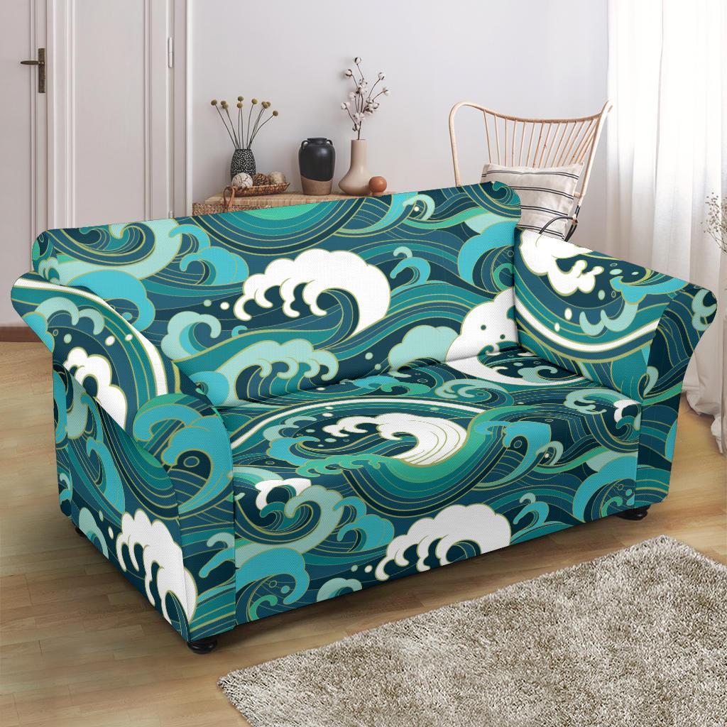 Ocean Wave Pattern Print Loveseat Cover-grizzshop