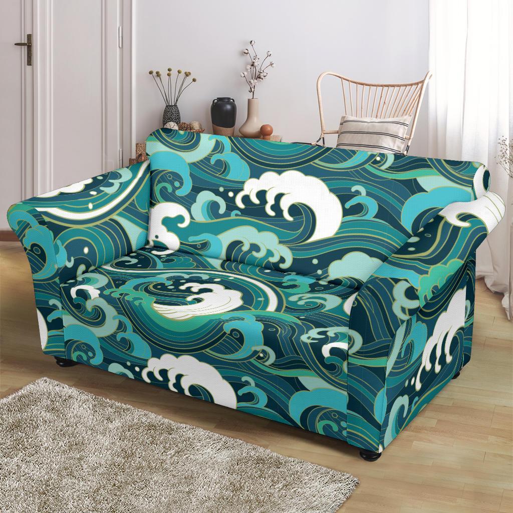 Ocean Wave Pattern Print Loveseat Cover-grizzshop