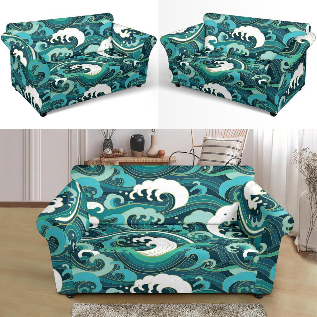 Ocean Wave Pattern Print Loveseat Cover-grizzshop