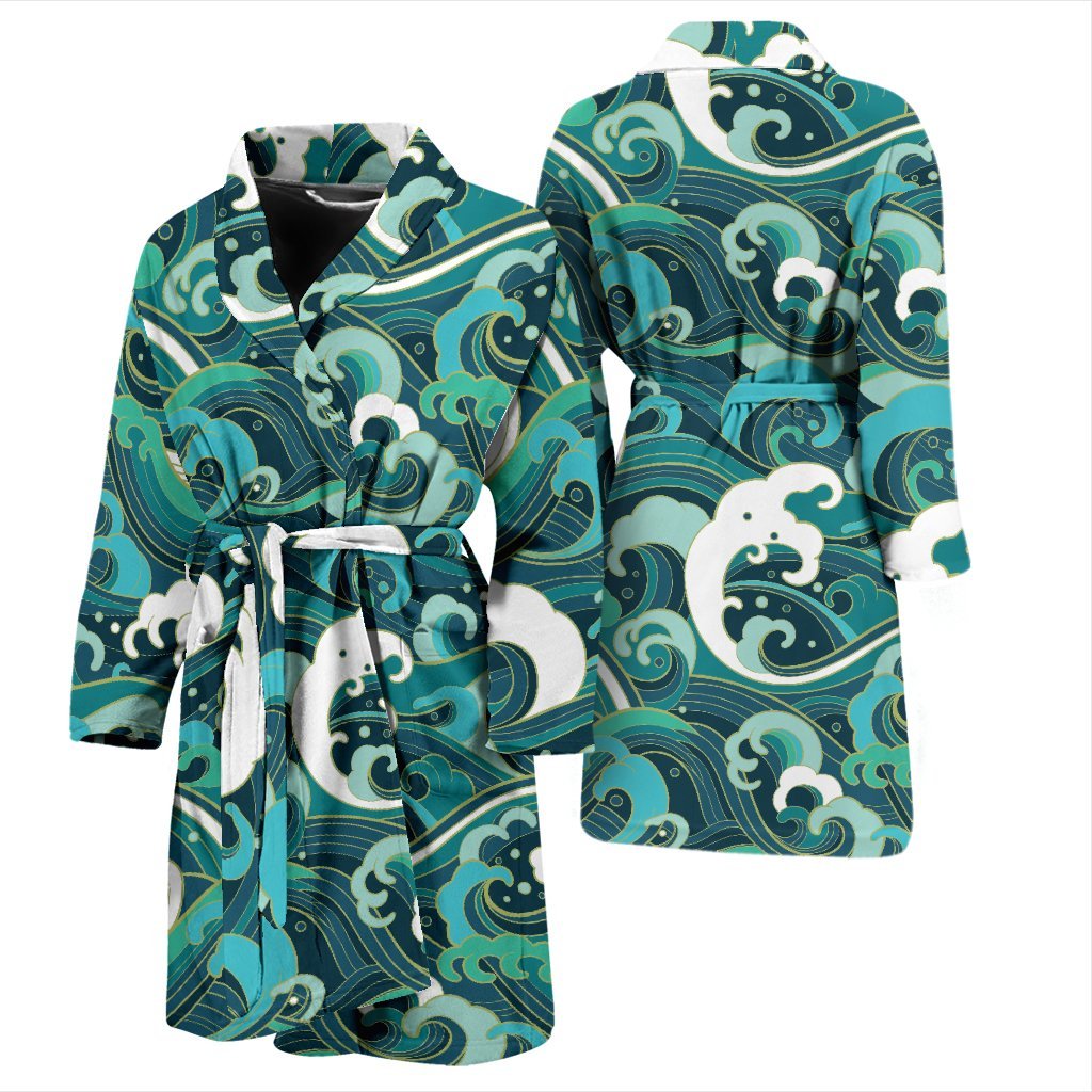 Ocean Wave Pattern Print Men Long Robe-grizzshop