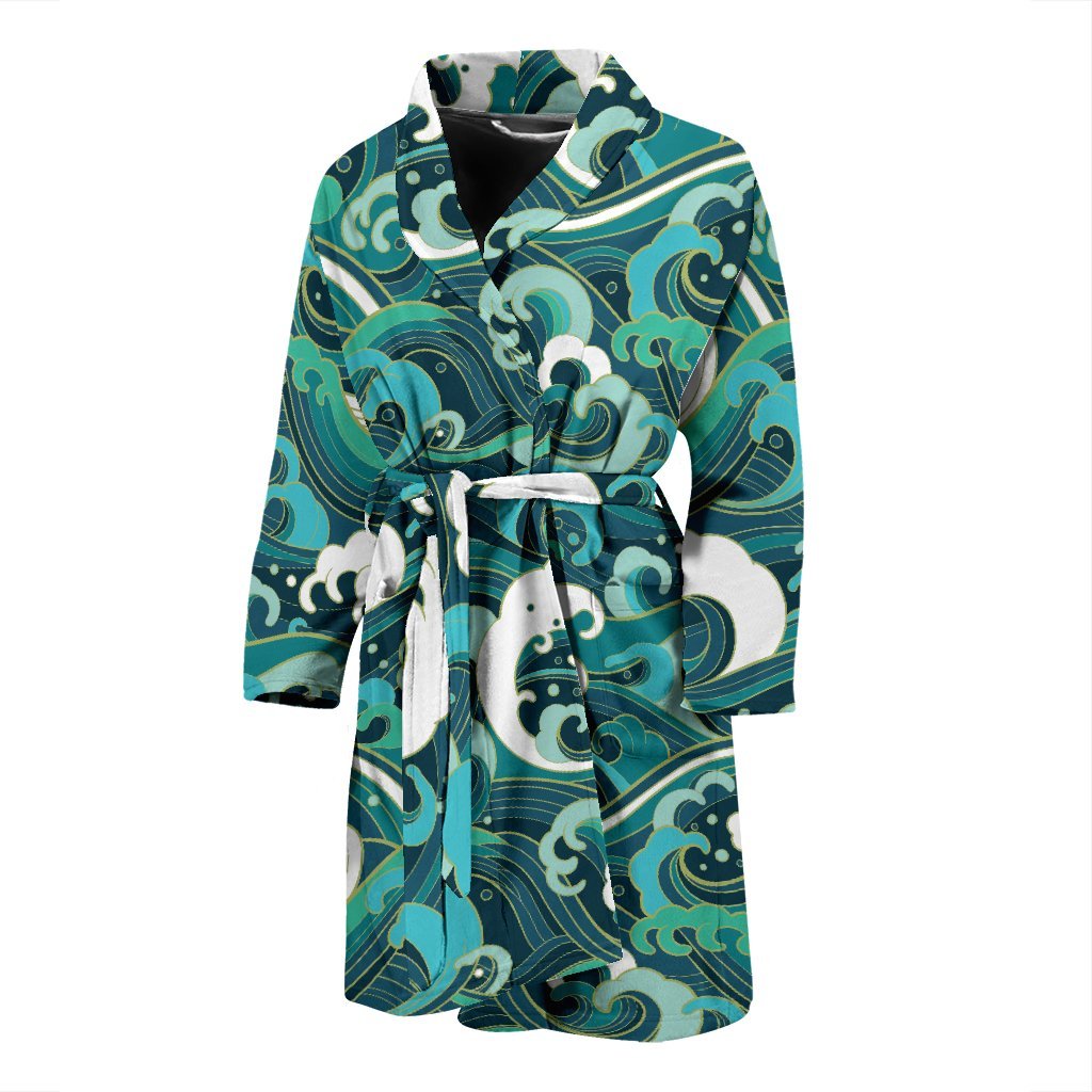 Ocean Wave Pattern Print Men Long Robe-grizzshop