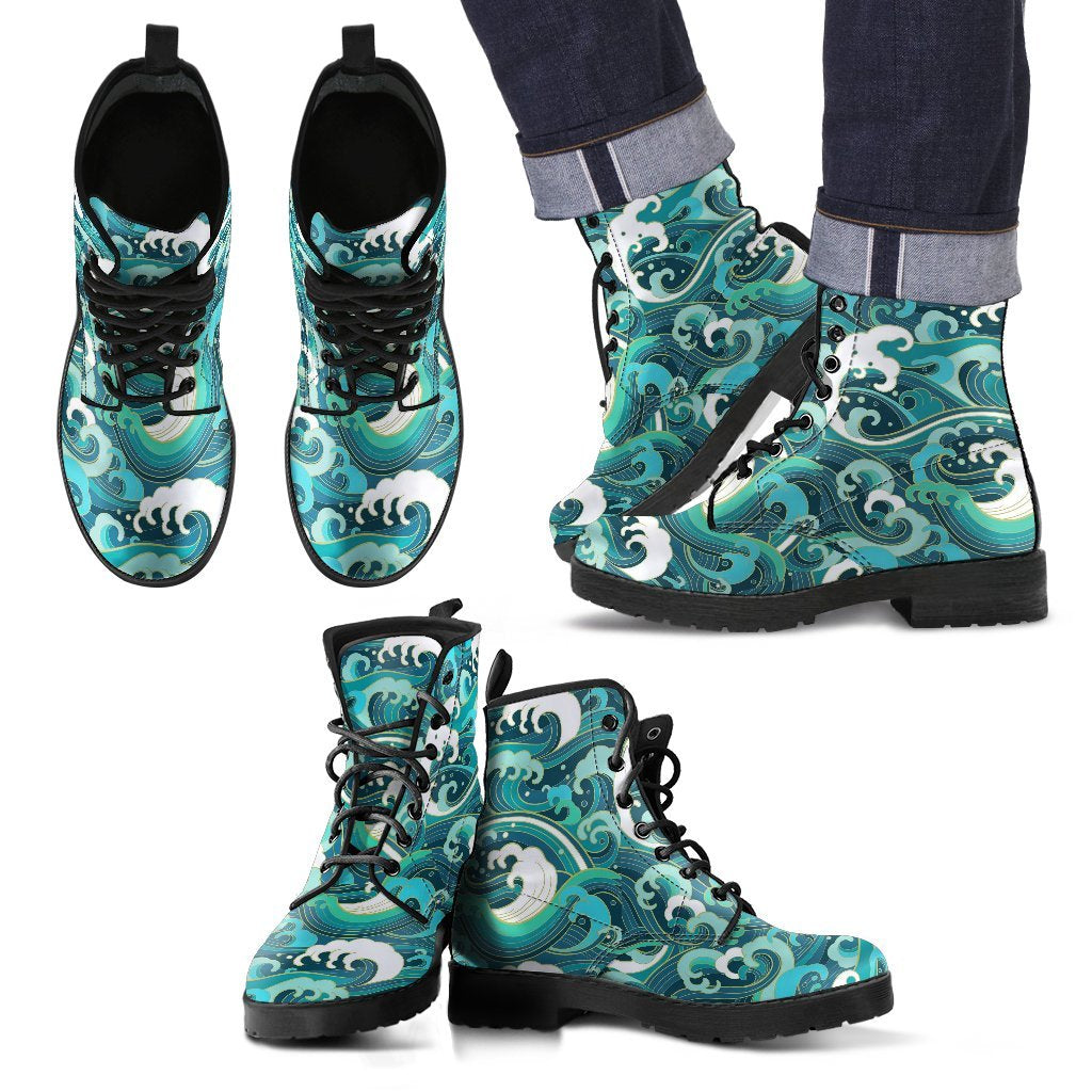 Ocean Wave Pattern Print Men Women Leather Boots-grizzshop
