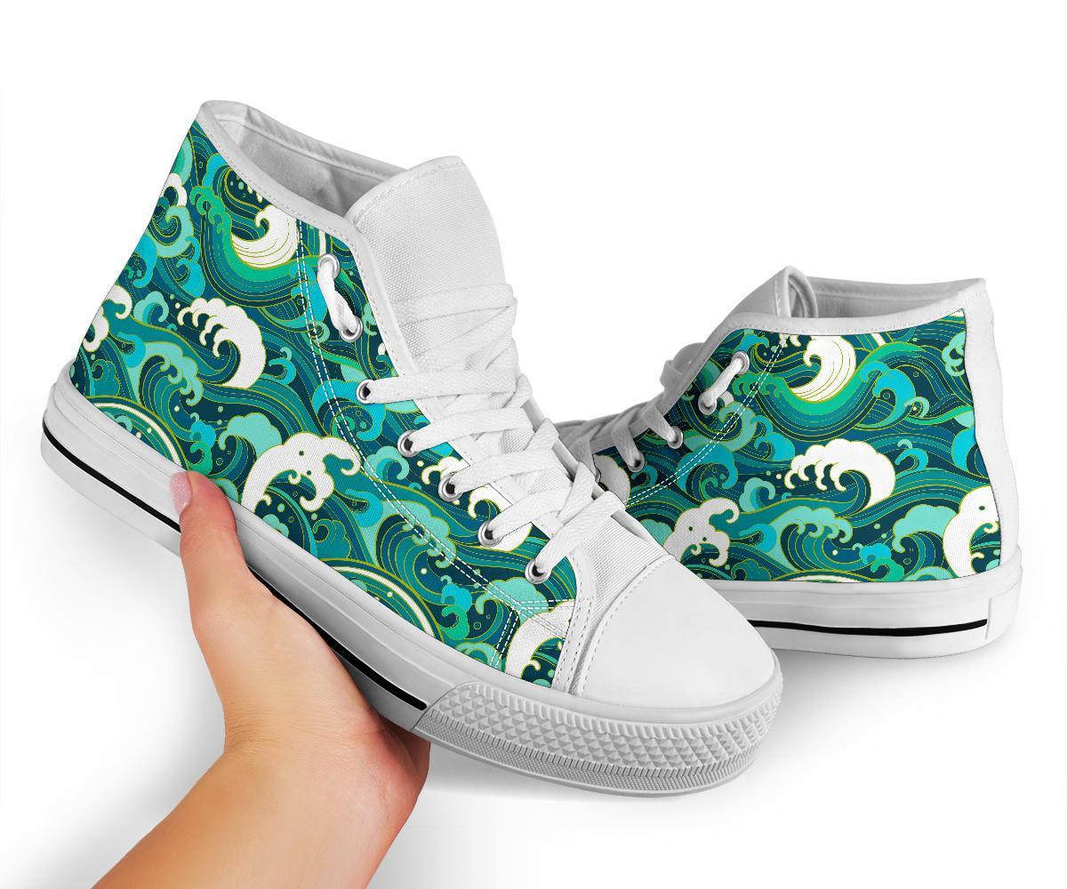 Ocean Wave Pattern Print Men Women's High Top Shoes-grizzshop