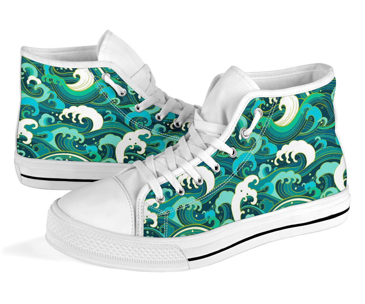 Ocean Wave Pattern Print Men Women's High Top Shoes-grizzshop