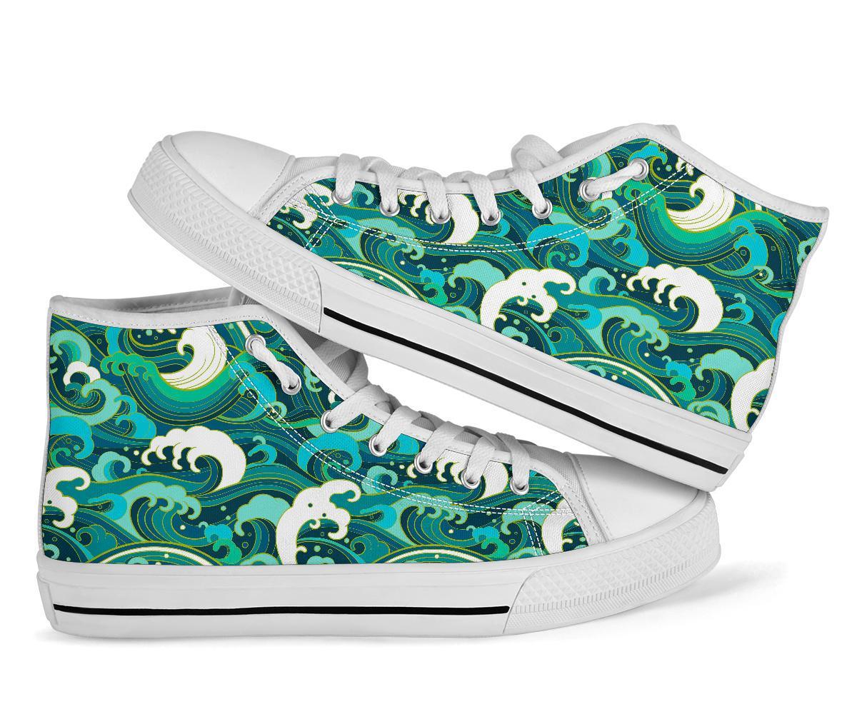 Ocean Wave Pattern Print Men Women's High Top Shoes-grizzshop