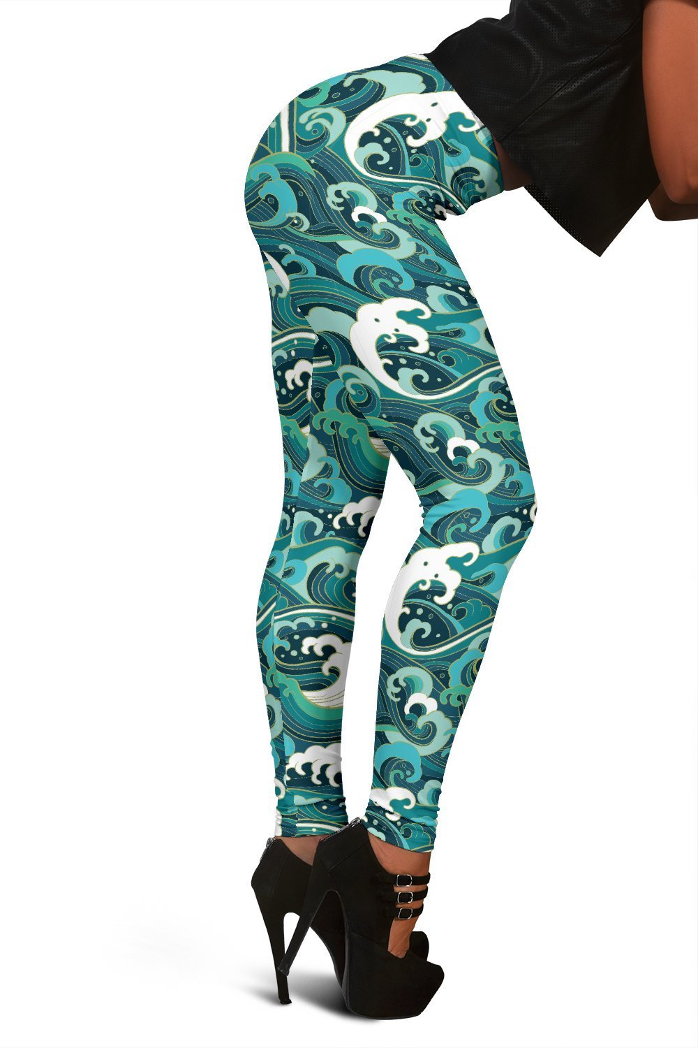 Ocean Wave Pattern Print Women Leggings-grizzshop