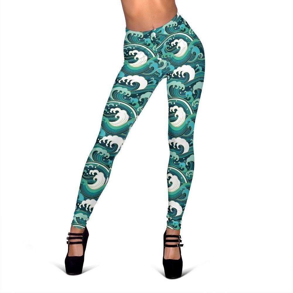 Ocean Wave Pattern Print Women Leggings-grizzshop