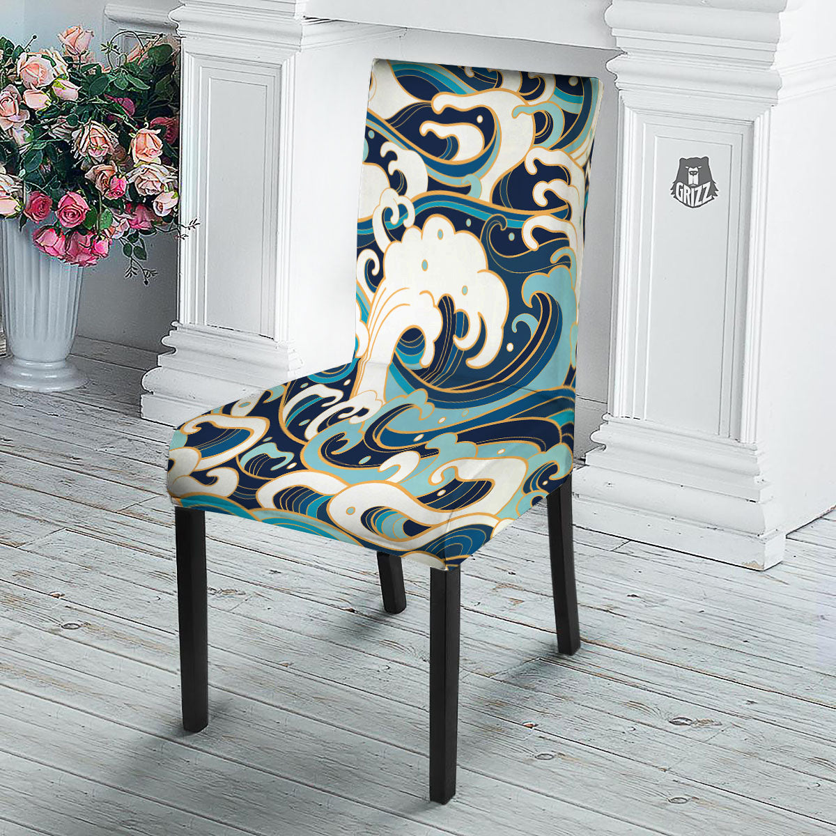 Ocean Wave Print Dining Chair Slipcover-grizzshop