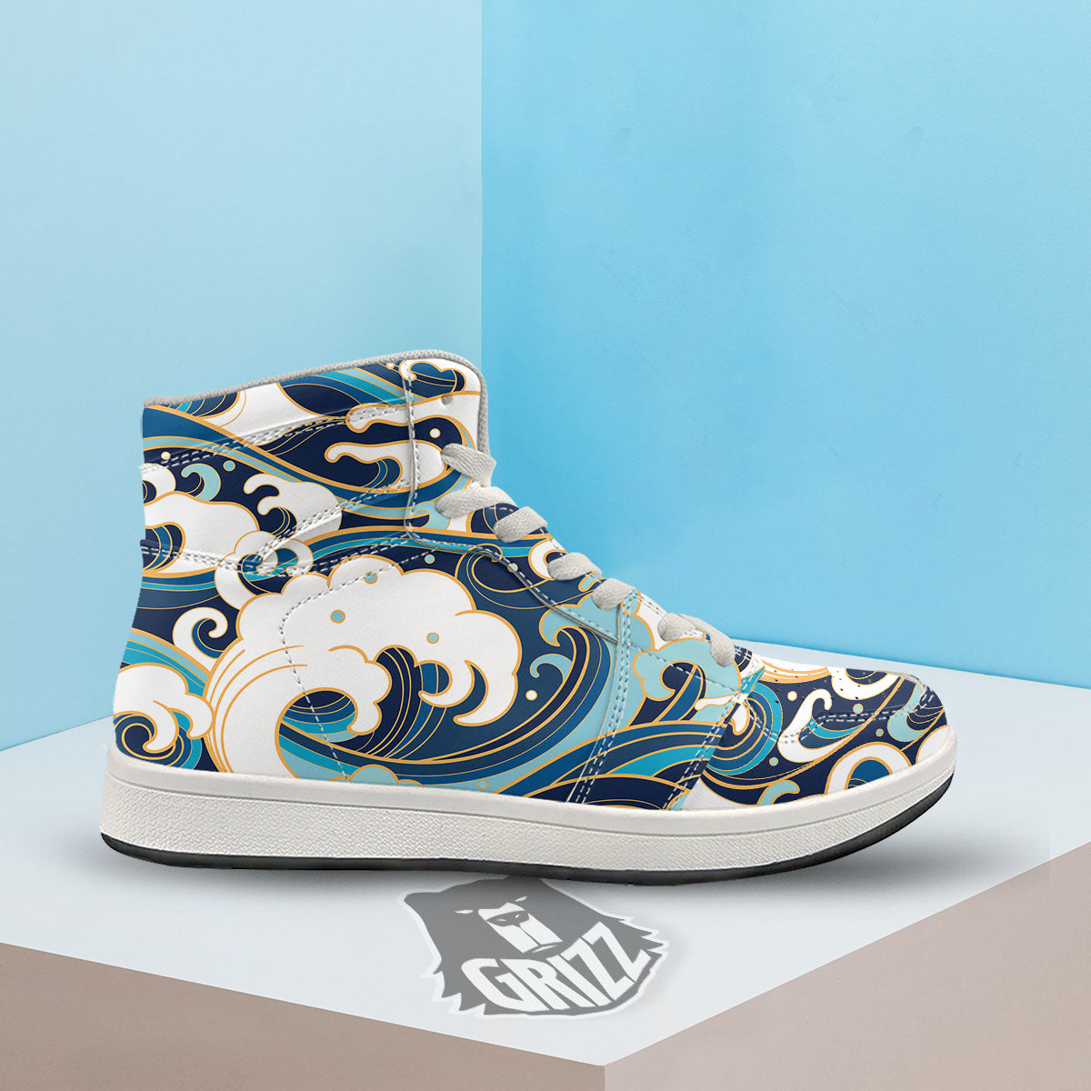 Ocean Wave Print High Top Sneakers-grizzshop