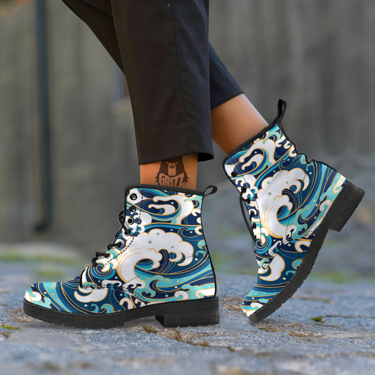 Ocean Wave Print Leather Boots-grizzshop