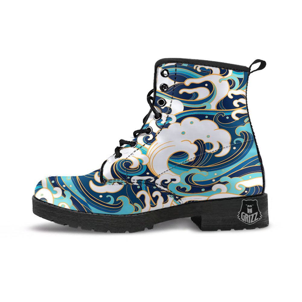 Ocean Wave Print Leather Boots-grizzshop
