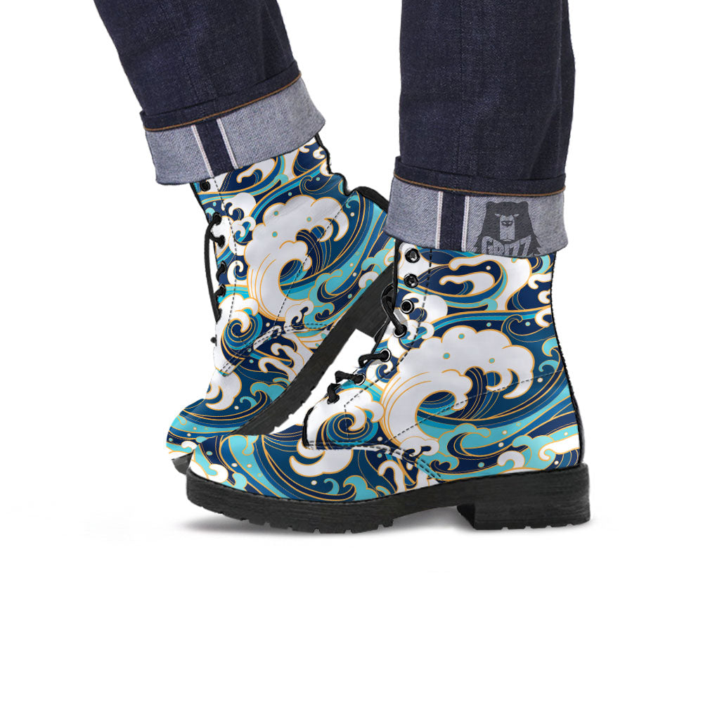 Ocean Wave Print Leather Boots-grizzshop