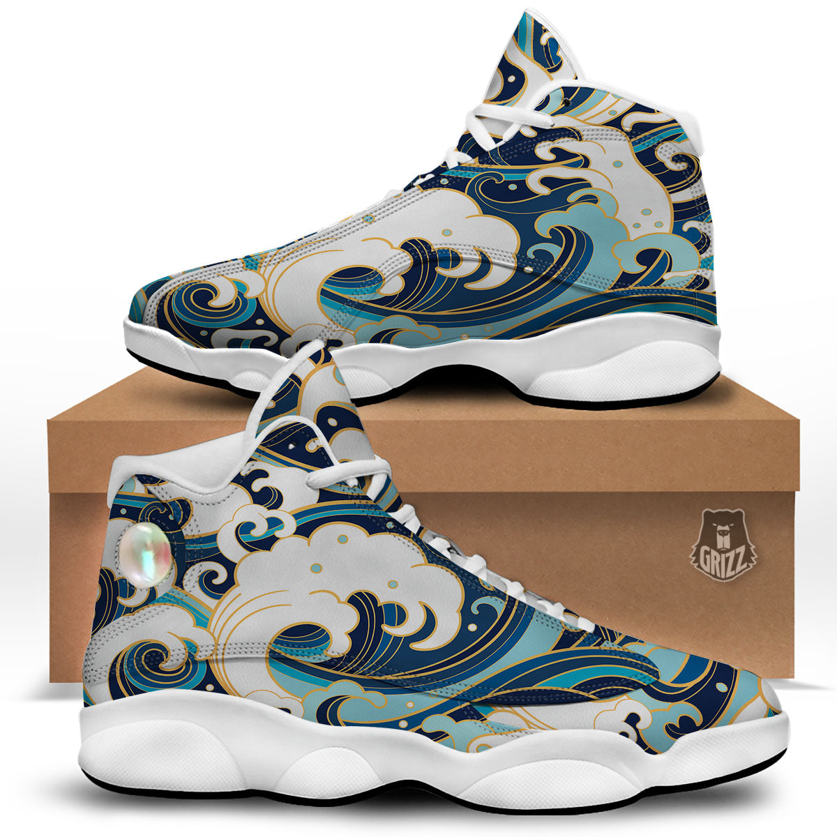 Ocean Wave Print White Basketball Shoes-grizzshop